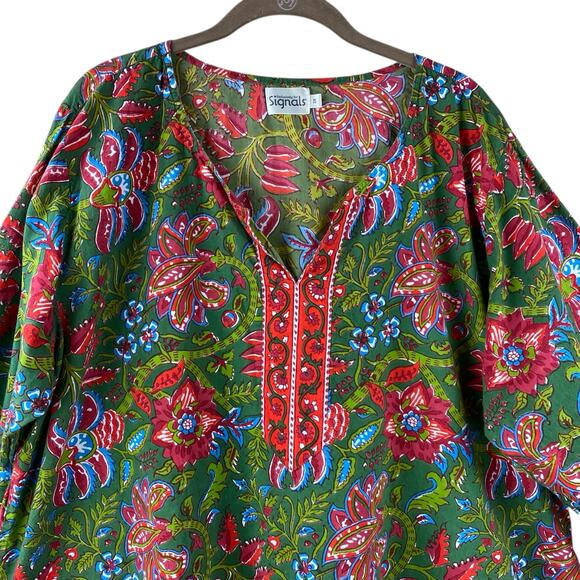Signals Floral Block Print Tunic Top Size 2X Green Red Cotton Boho - Picture 2 of 6